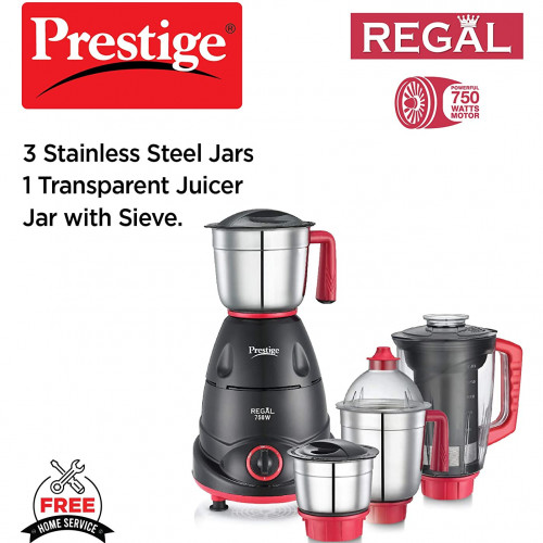 Prestige Regal Mixer Grinder, 750W, 3 Stainless Steel Jar + 1 Juicer Jar